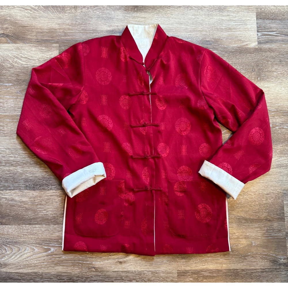 Red Chinese Tangzhuang Jacket Mandarin Collar Frog Button Jacquard Top